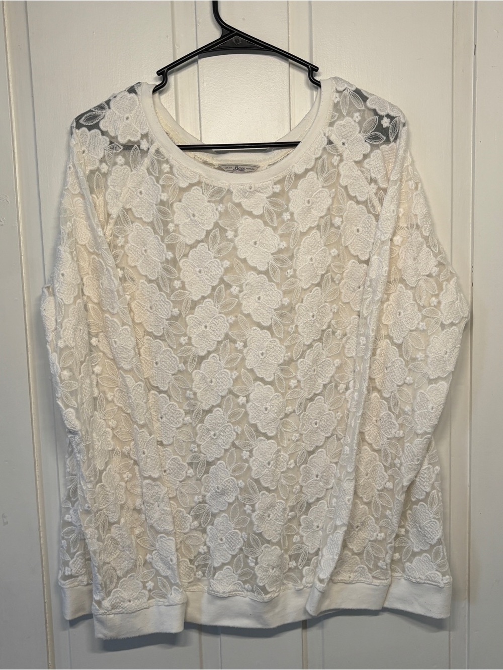 Bass White Floral Lace Long Sleeve Sheer with Feminine Floral Pattern.